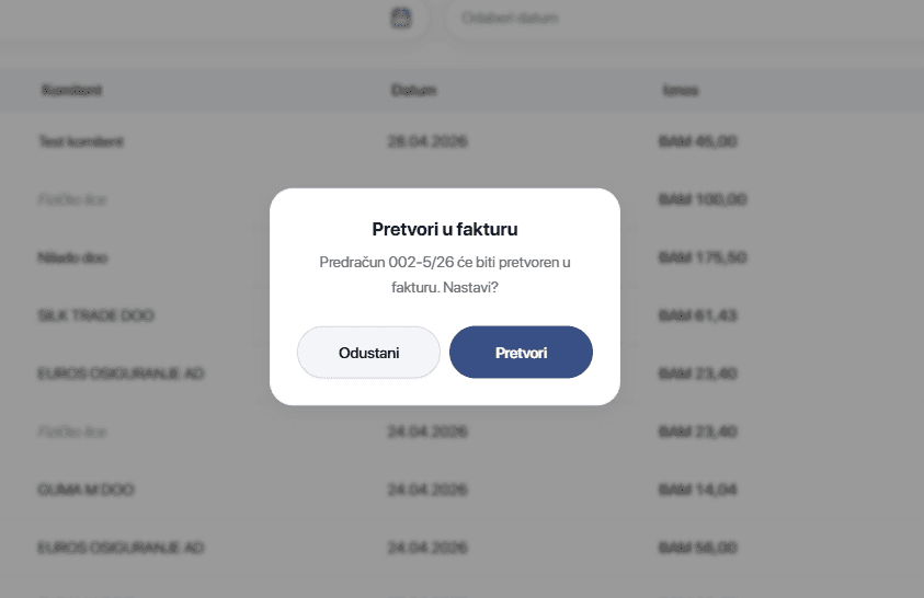 A confirmation dialog converting a pre-invoice into an invoice
