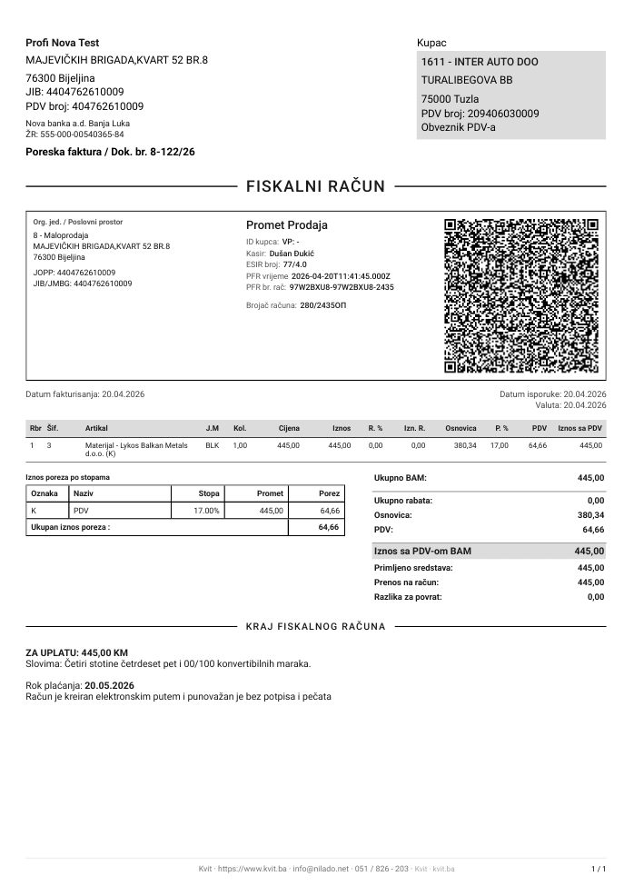 A generated invoice PDF with fiscal block, QR code, VAT breakdown and amount in words