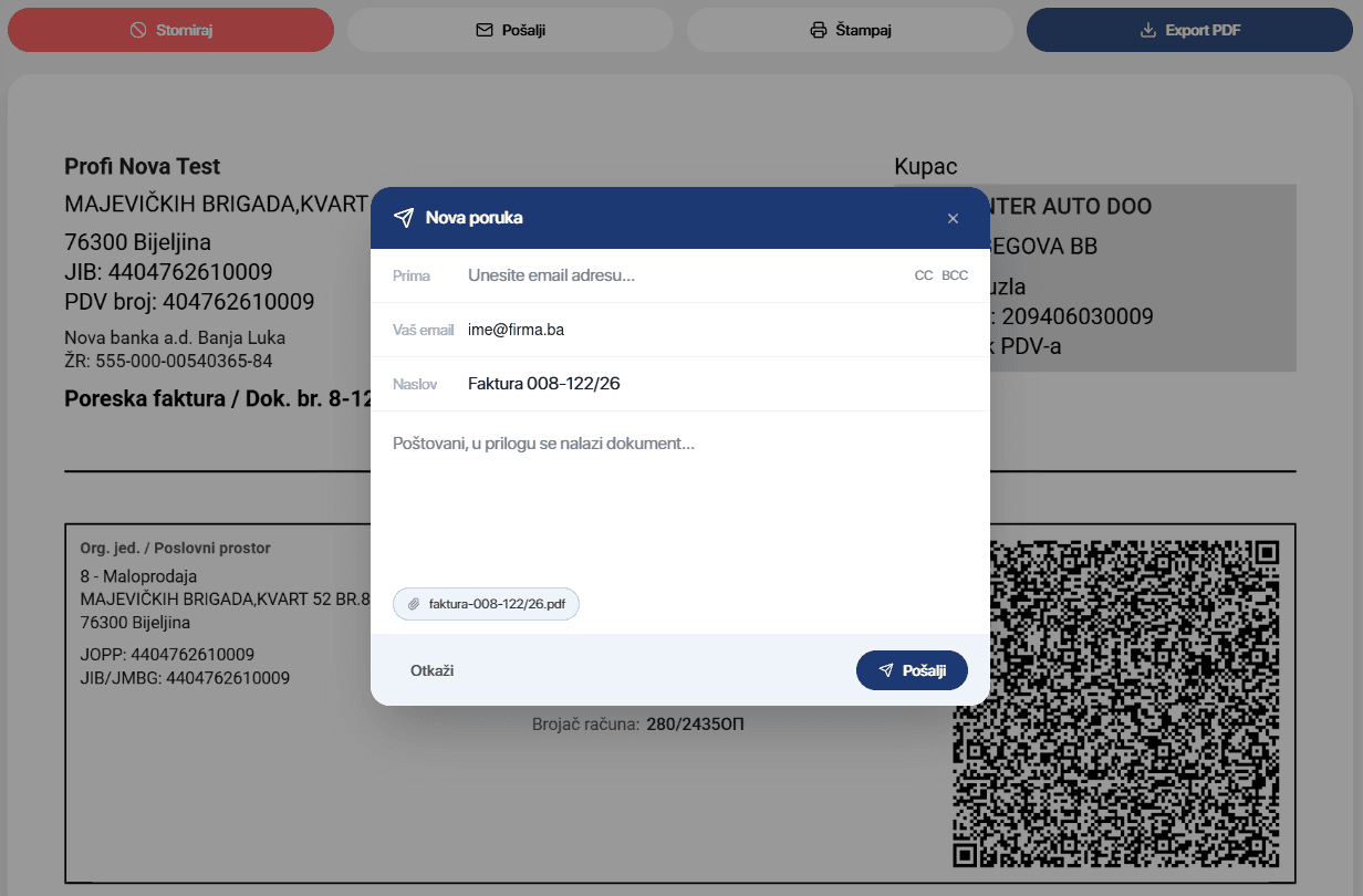 The email composer over an invoice, with the PDF attached