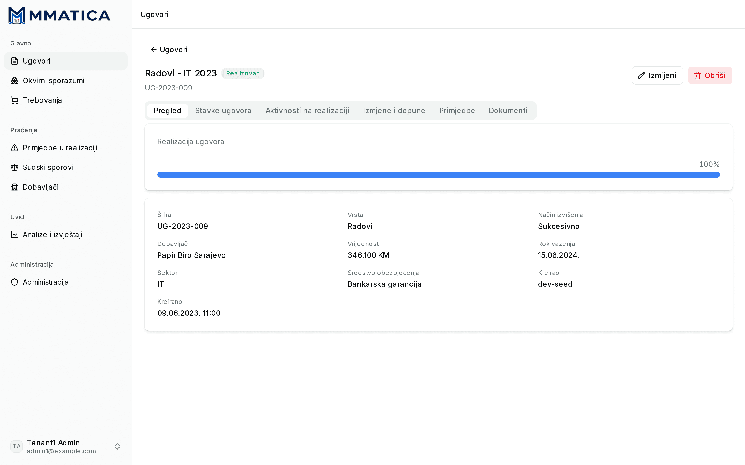 A contract detail page with a realization progress bar and contract metadata
