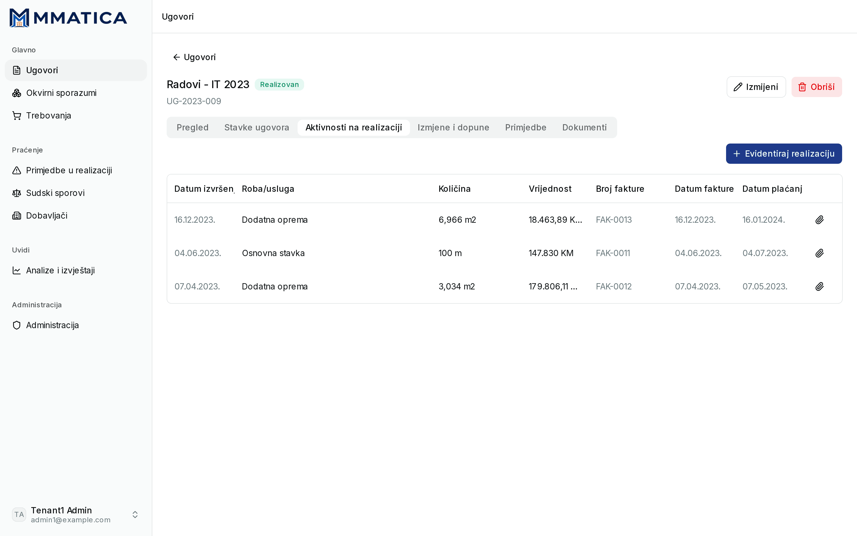 Delivery activities of a contract with quantity, value, invoice numbers and dates
